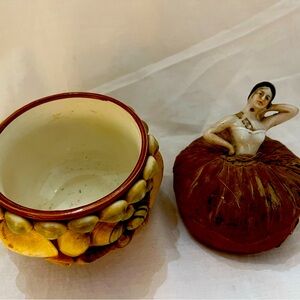 Silk pincushion with porcelain ballet topper